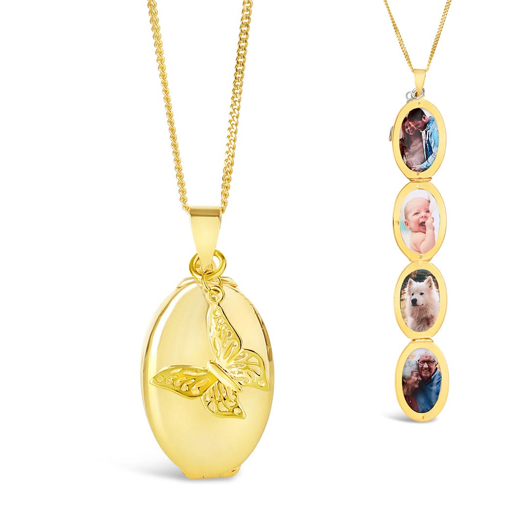 Four Photo Oval Butterfly Locket Gold + Photos