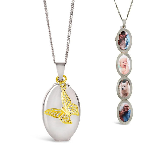 Four Photo Oval Butterfly Locket Silver & Gold + Photos