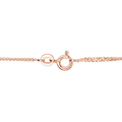 Close-up of rose gold vermeil curb chain necklace with spring ring clasp and extension link on white background.