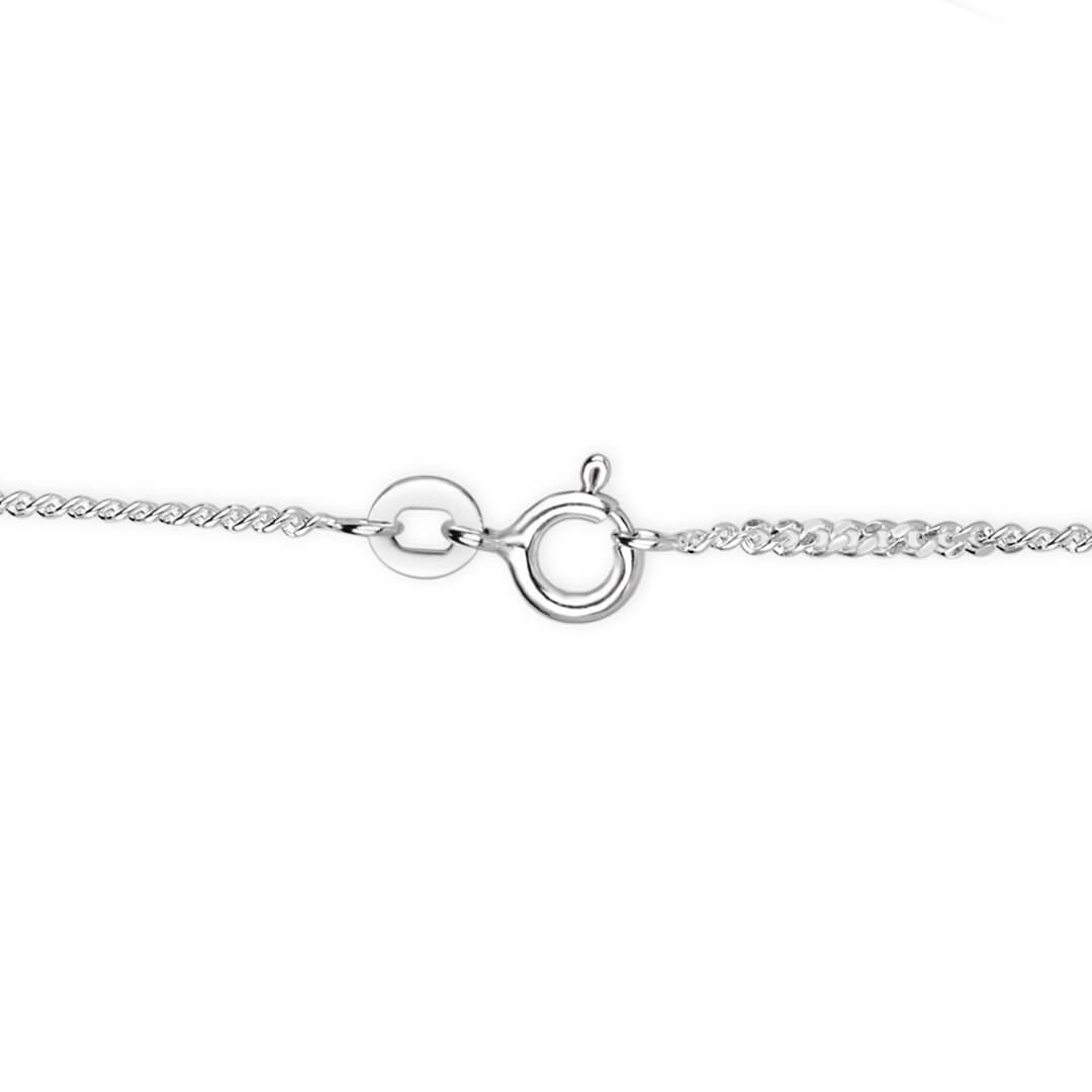 Close-up of sterling silver curb chain necklace with spring ring clasp and extension link on white background.