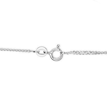 Close-up of sterling silver curb chain necklace with spring ring clasp and extension link on white background.