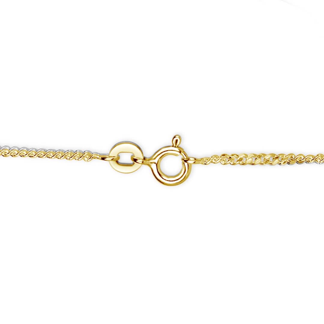 Close up of the ecure ring spring and bolt clasp on the back of the curb chain for the solid gold initial necklace necklace
