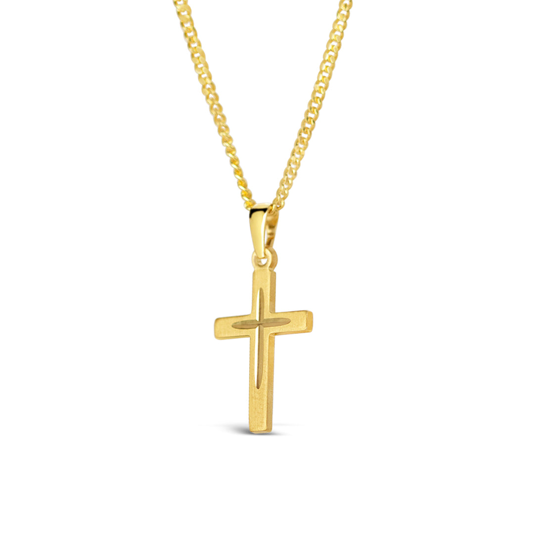 side on view on a gold cross style necklace on a gold chain against a white background