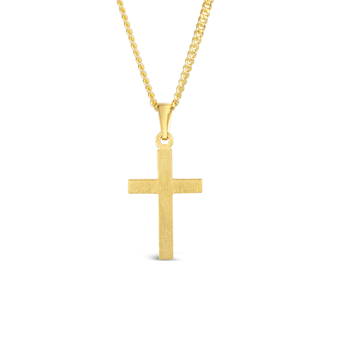 close up view of the back of a golden cross necklace against a white background
