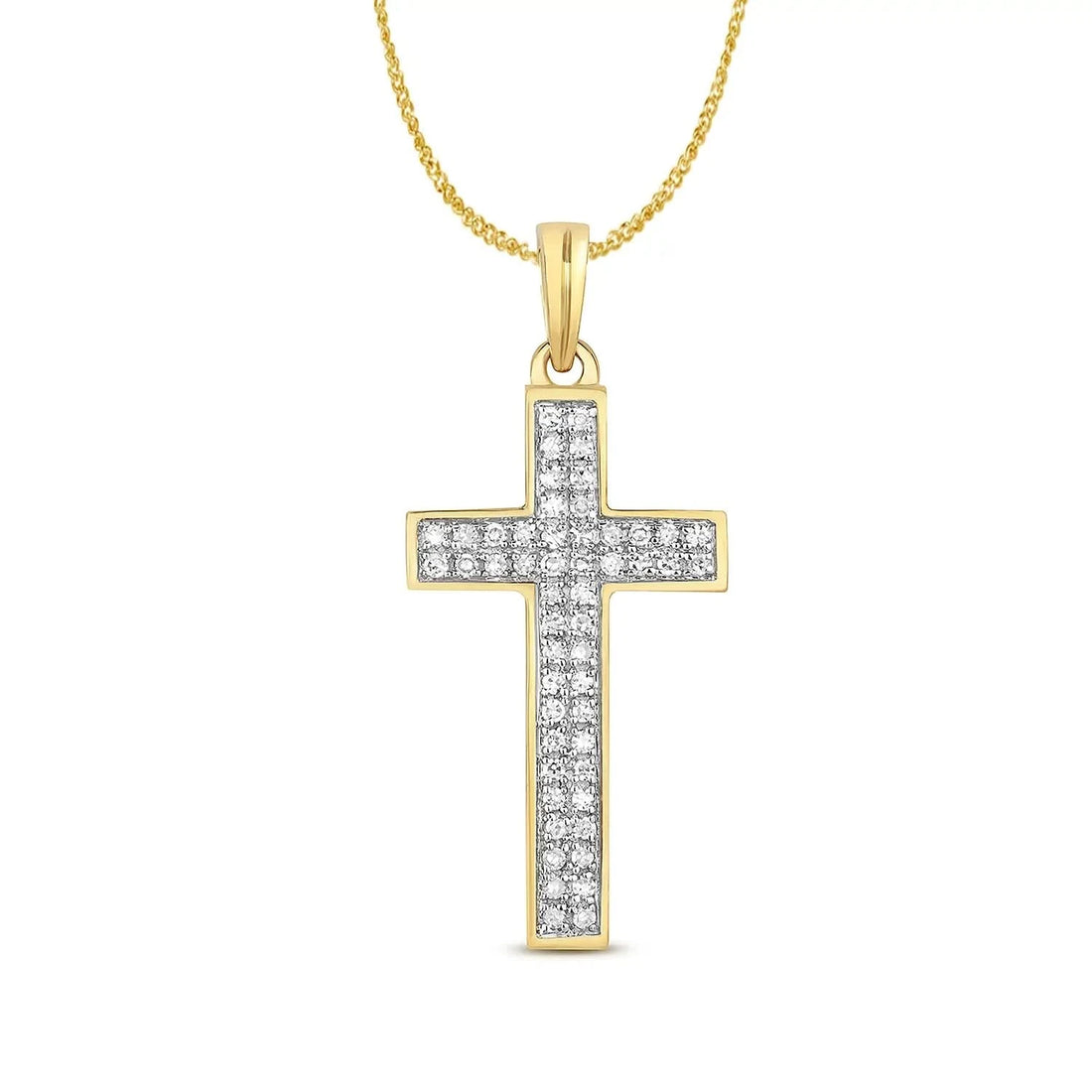 gold diamond cross necklace, sturdy gold curb chain, high polish finish, small shiny diamonds, pendant for men and women, white background
