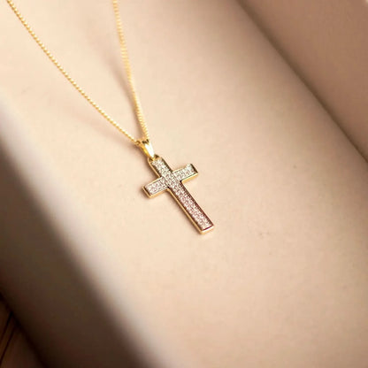 gold diamond cross necklace, sturdy gold curb chain, high polish finish, small shiny diamonds, religious Christian pendant for men and women