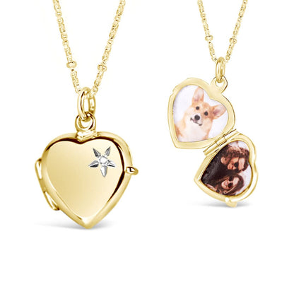 2 Photo Diamond Heart Locket Gold + Photos