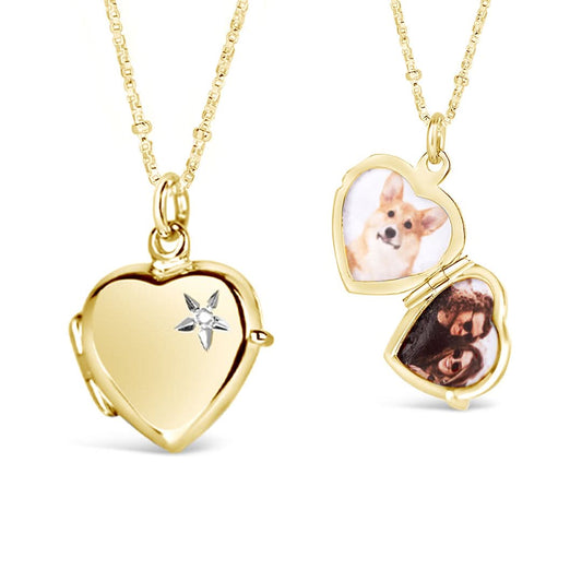 2 Photo Diamond Heart Locket Gold + Photos