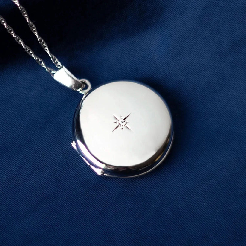 Solid White Gold Round Diamond Locket + Photos | By Lily Blanche