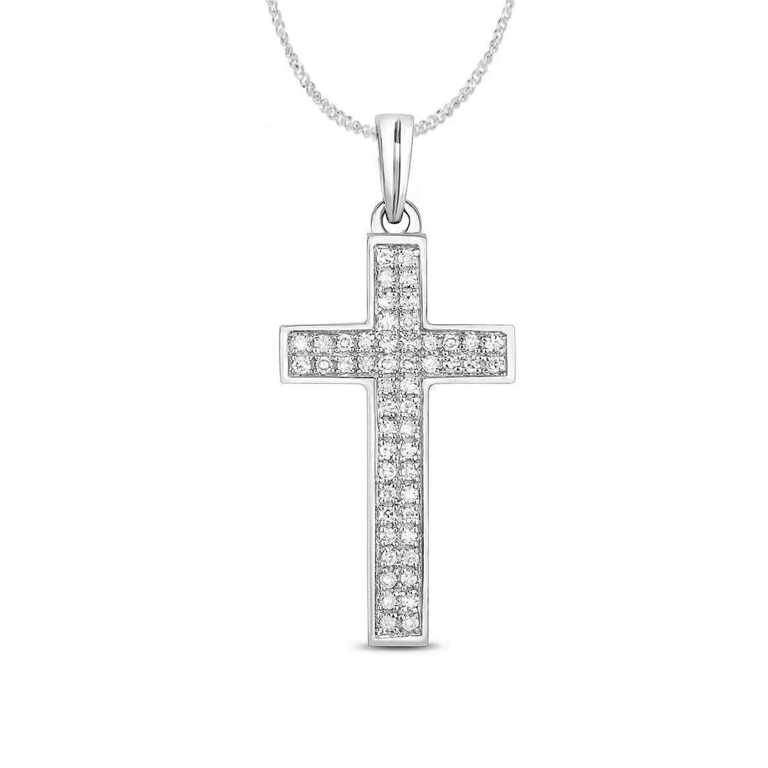 52 diamond cross necklace in solid 9 carat  white gold with 9 carat white gold chain on a white background