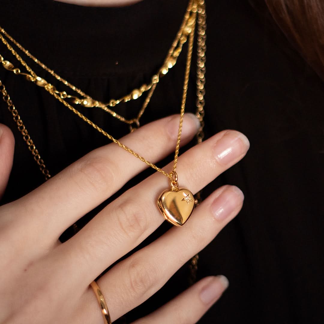 2 Photo Diamond Heart Locket Gold + Photos