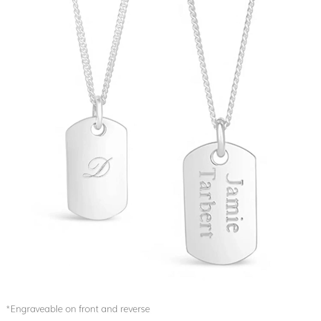 Silver extra-large dogtag necklace with chain, engraving on front and back. Front engraved with the letter D. Back engraved with the name Jamie Tarbert.