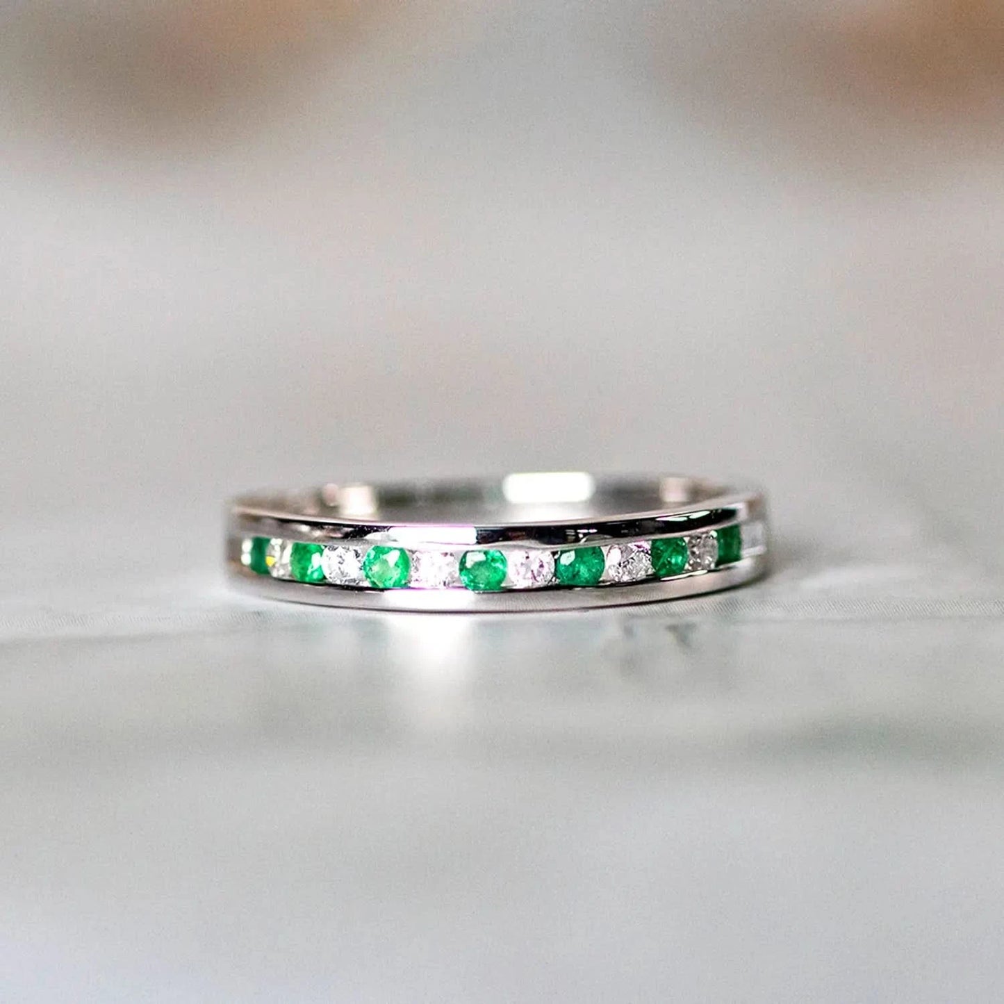 Emerald & Diamond Solid White Gold Half Eternity Ring