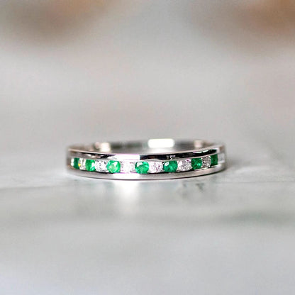 Emerald & Diamond Solid White Gold Half Eternity Ring