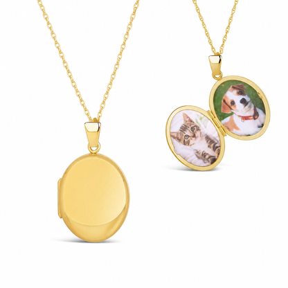 Solid 9ct gold oval locket shown closed and open with two personalised pet photos