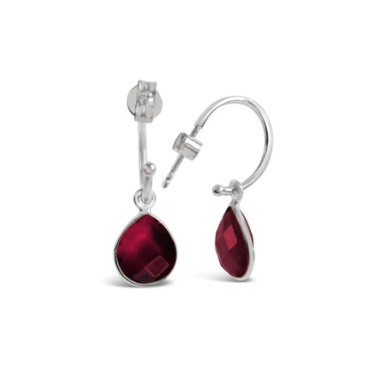 Garnet Drop Hoop Earrings | Silver - January