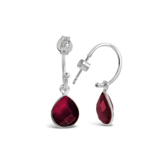 Garnet Drop Hoop Earrings | Silver - January