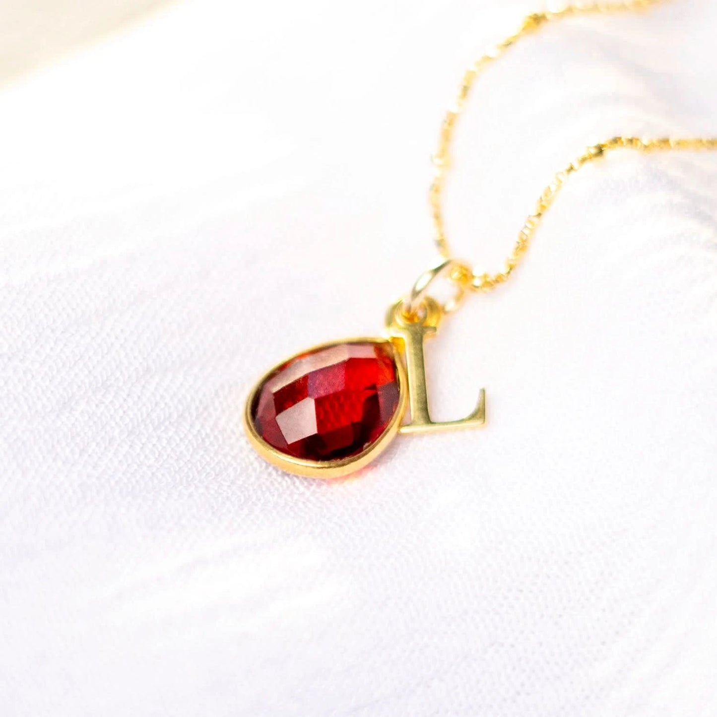 Garnet Charm Necklace  Gold  January Birthstone