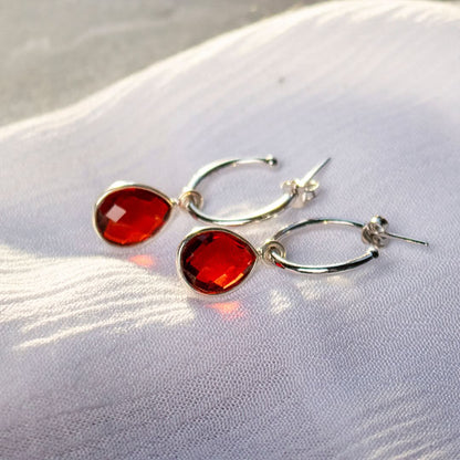 Garnet Drop Hoop Earrings | Silver - January