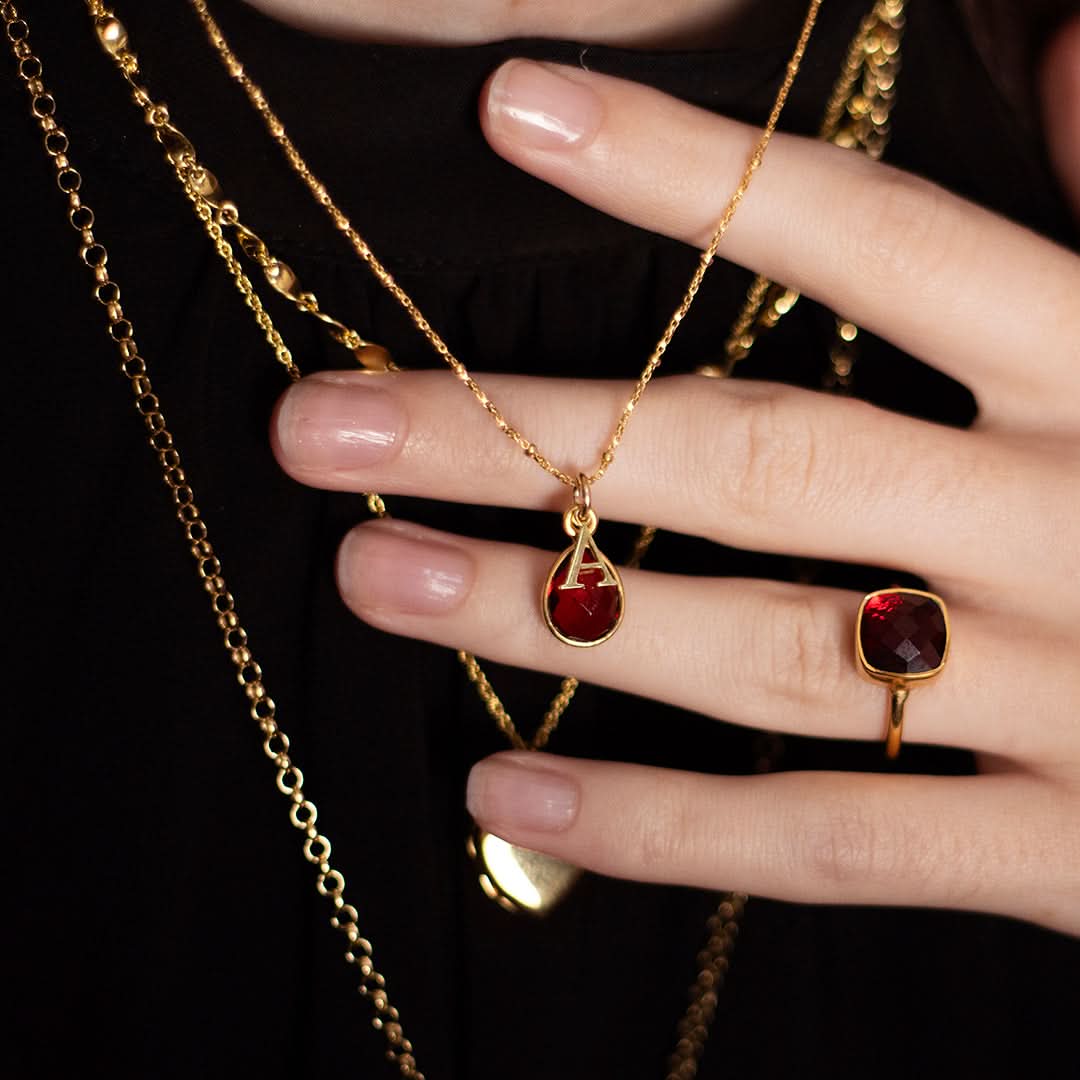 Garnet Charm Necklace  Gold  January Birthstone