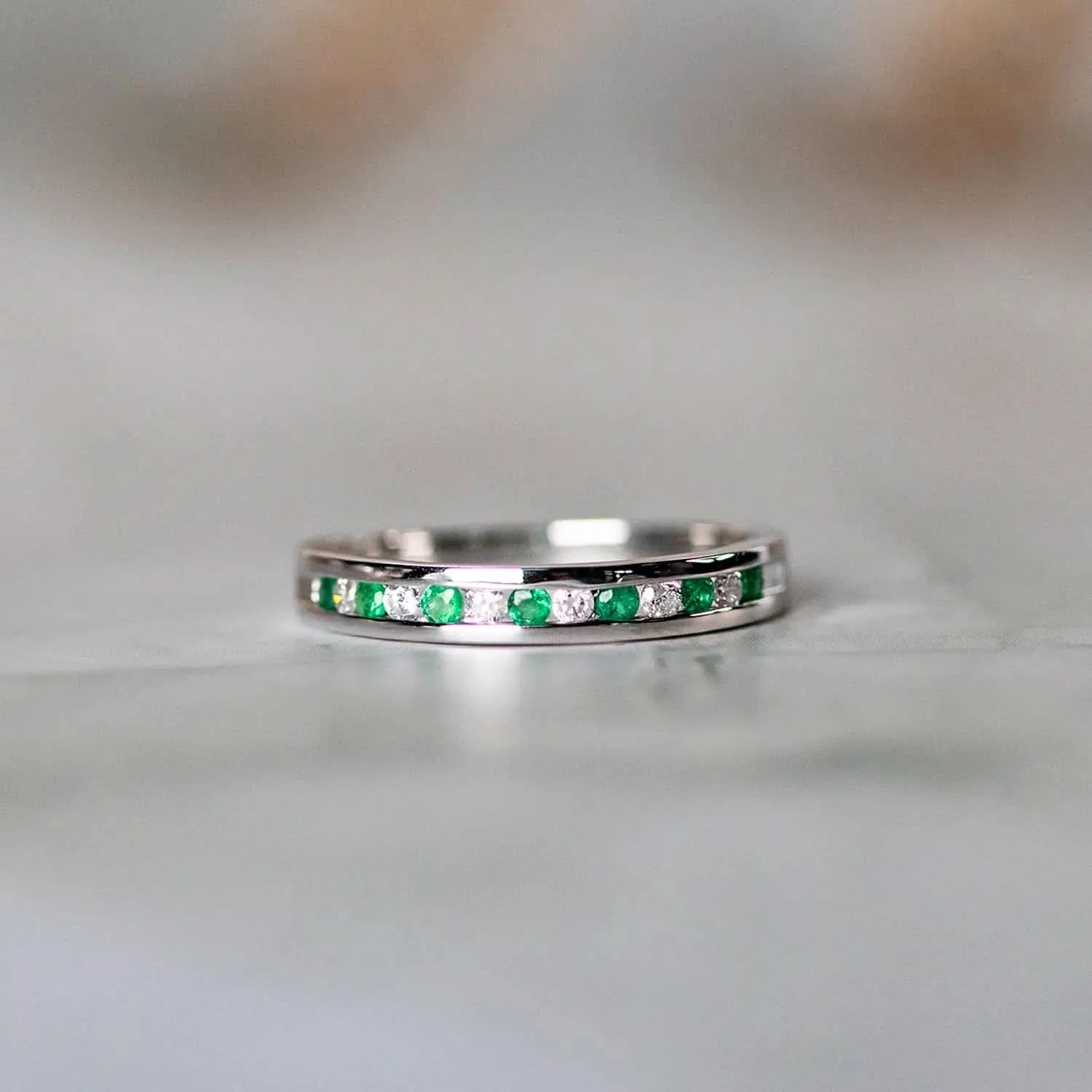 emerald and diamond solid white gold band ring
