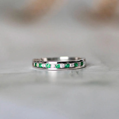emerald and diamond solid white gold band ring