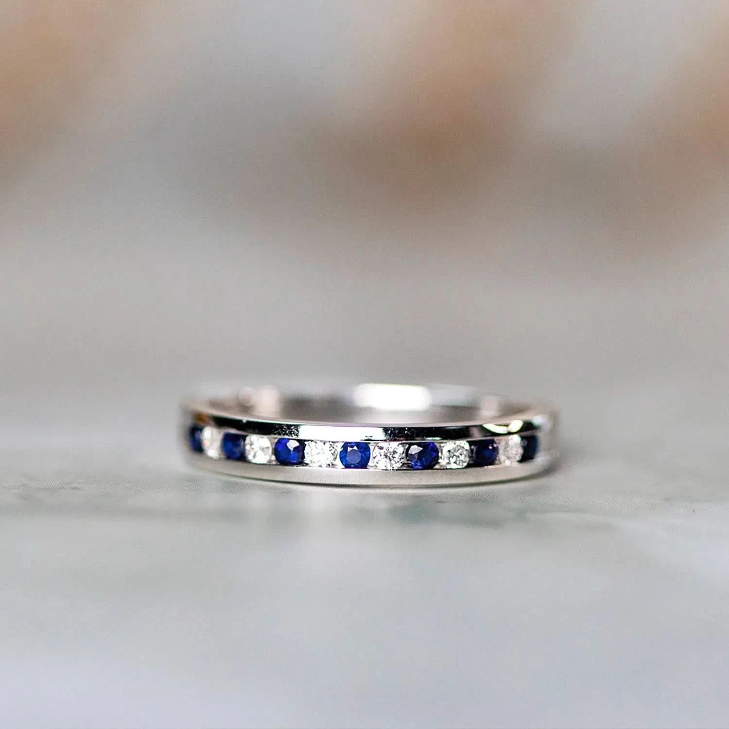 sapphire and diamond solid white gold band ring 