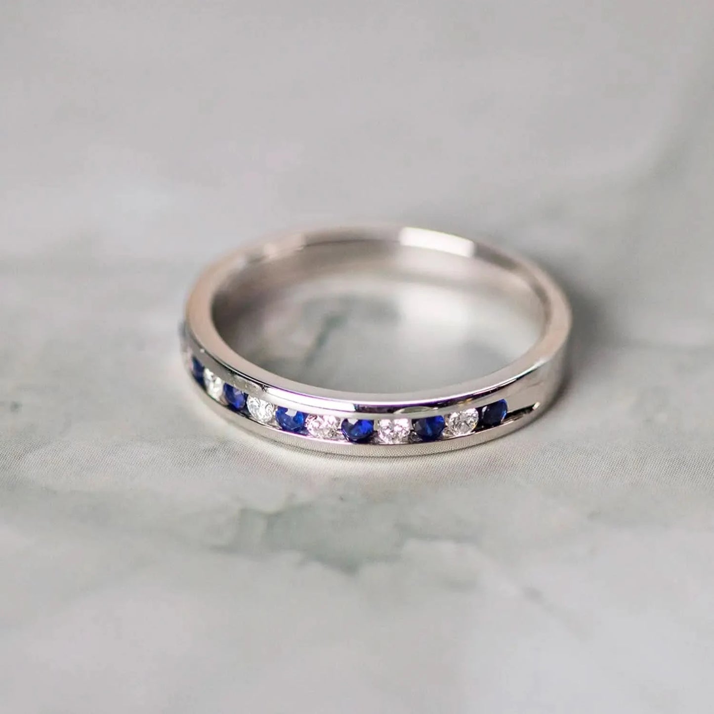 sapphire and diamond solid white gold band ring 