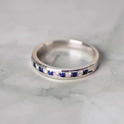 sapphire and diamond solid white gold band ring 