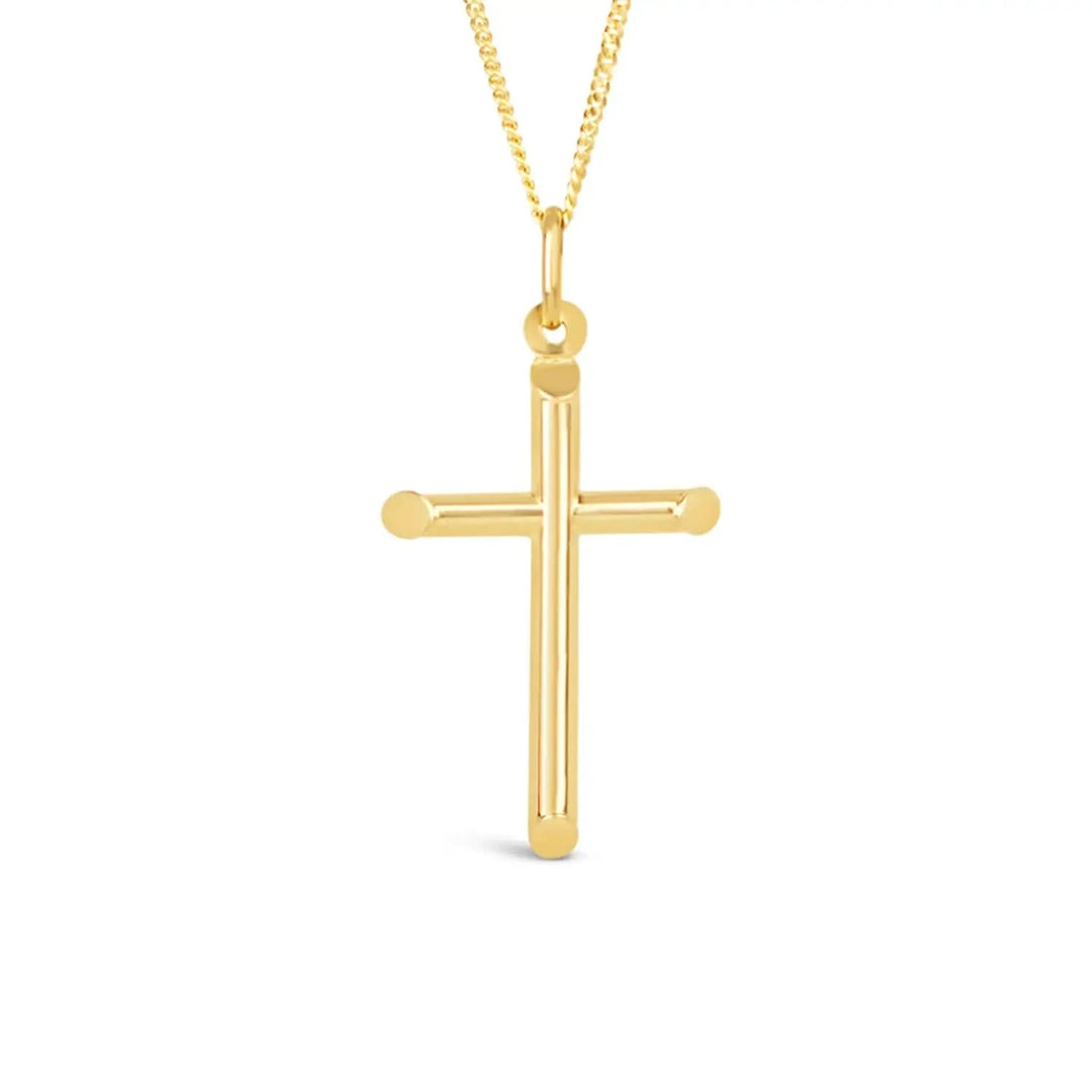 gold cross necklace, sturdy gold curb chain, high polish finish, rounded edges, solid gold  pendant for men and women, white background