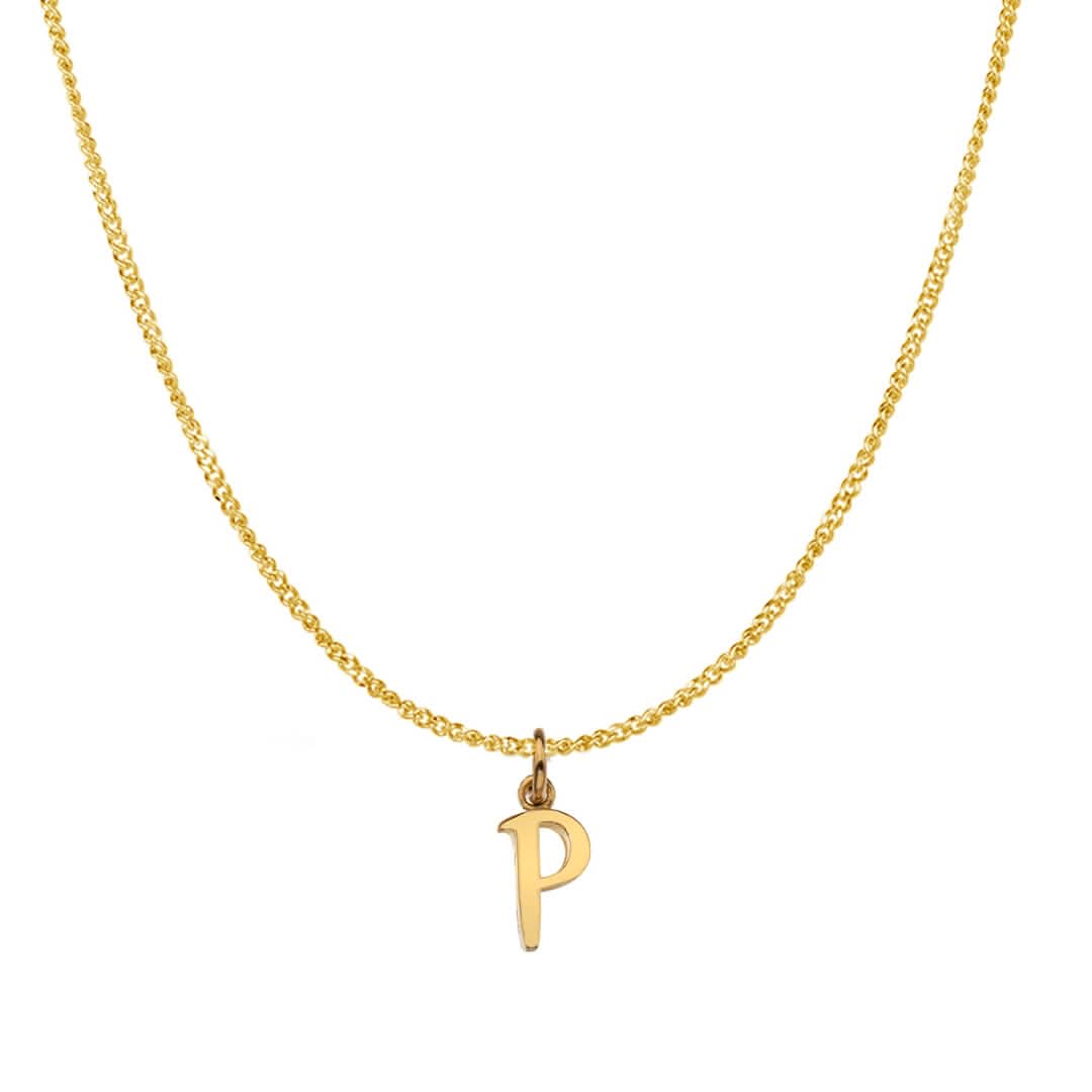 An alphabet initial necklace 'P' in solid 9 carat gold hanging on a solid 9 carat gold close curb chain with a white background.