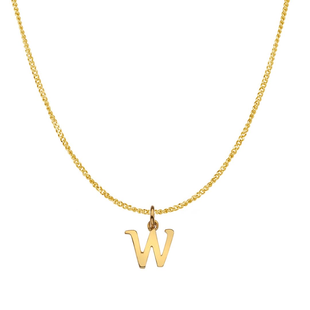 An alphabet initial necklace 'W' in solid 9 carat gold hanging on a solid 9 carat gold close curb chain with a white background.