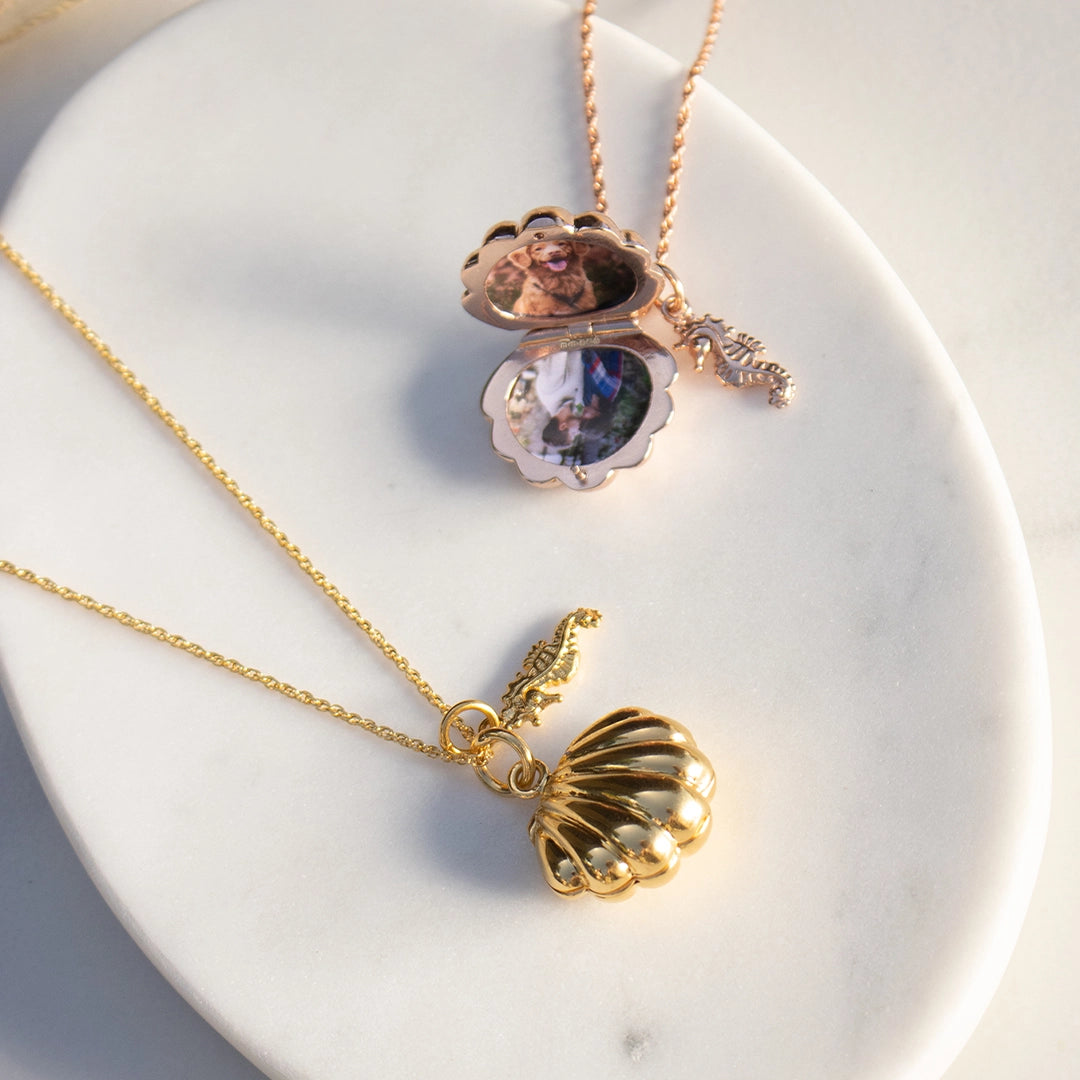 Gold and rose gold scallop shell lockets displayed open with personalised pet photographs, styled on a white marble surface.