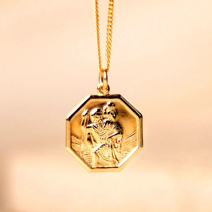 Men's Large St Christopher Necklace Solid Gold + Engraving | By Lily Blanche