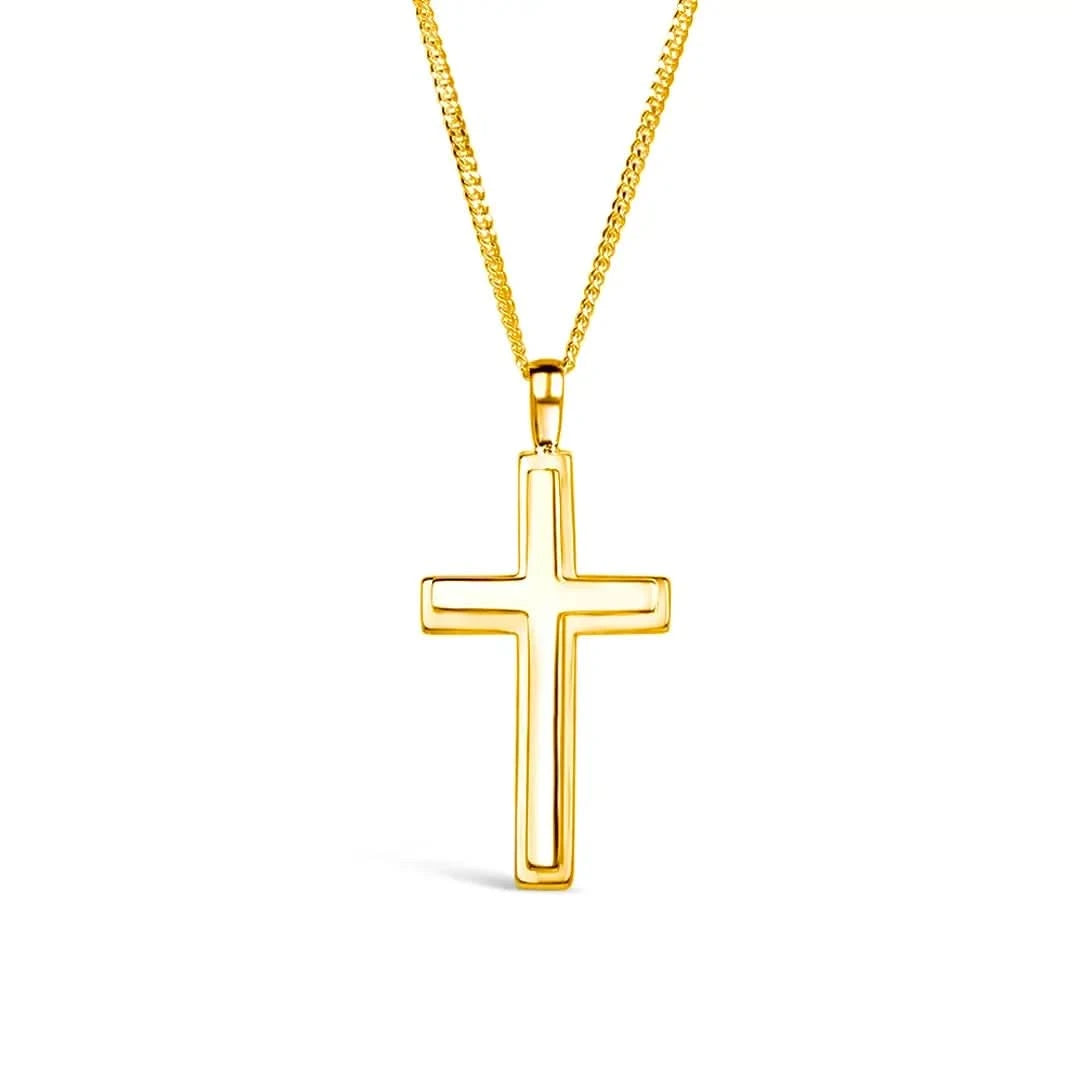 Large gold cross necklace by Lily Blanche , sturdy gold curb chain, high polish finish, bevelled edges, pendant for men and women, white background.