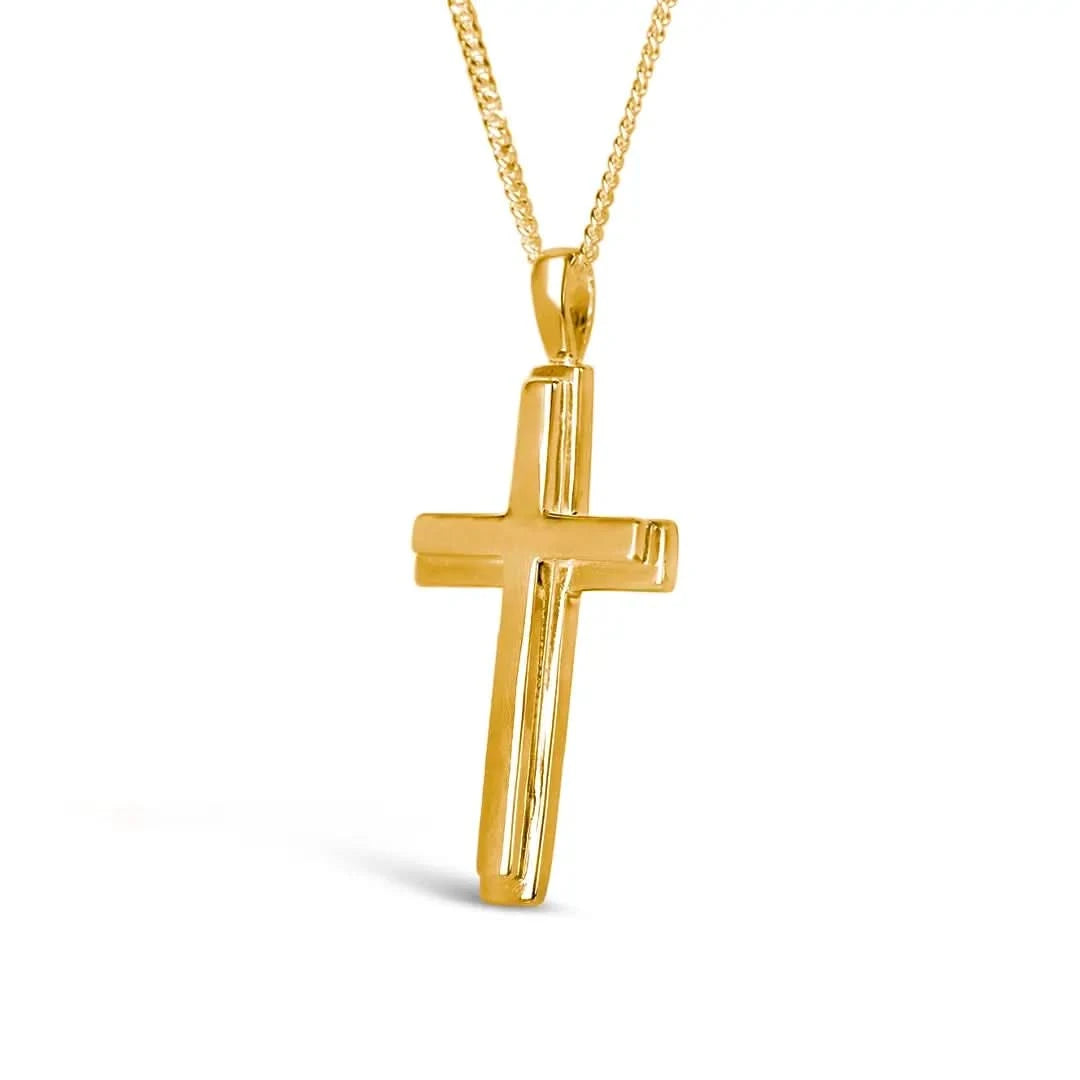large gold cross necklace by Lily Blanche, sturdy gold curb chain, high polish finish, bevelled edges,  pendant for men and women, white background