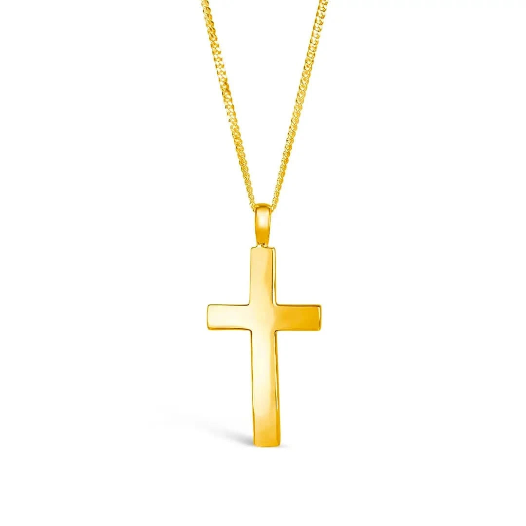 back view of large gold cross necklace by Lily Blanche, sturdy gold curb chain, high polish finish, pendant for men and women, white background