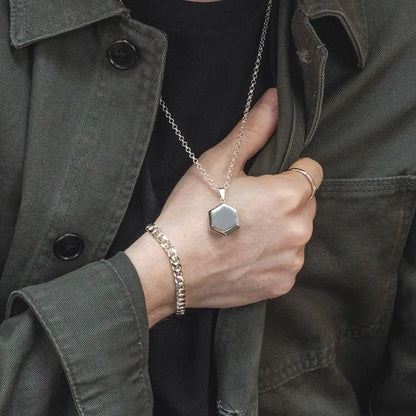Men's Hexagon Locket Necklace Silver + Photos