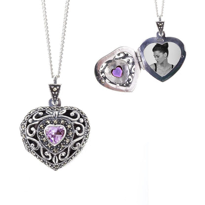 Lily Blanche silver vintage heart locket with amethyst gemstone and photo