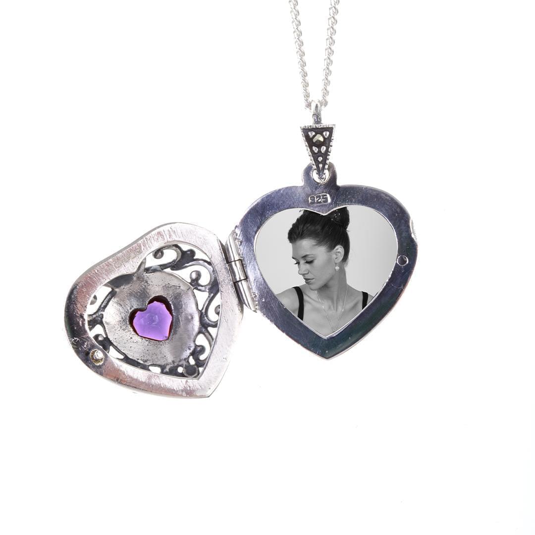 Lily Blanche silver vintage heart locket with amethyst gemstone and photos