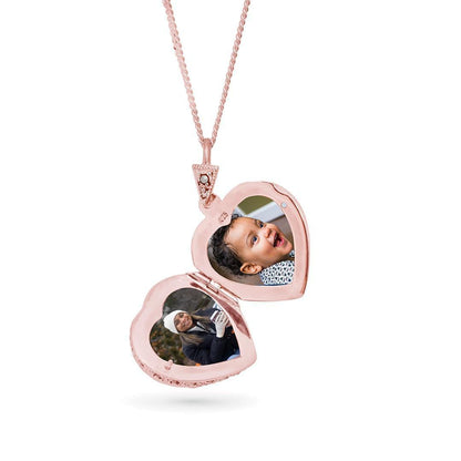 Lily Blanche rose gold vintage heart locket with purple amethyst gemstone with two photos
