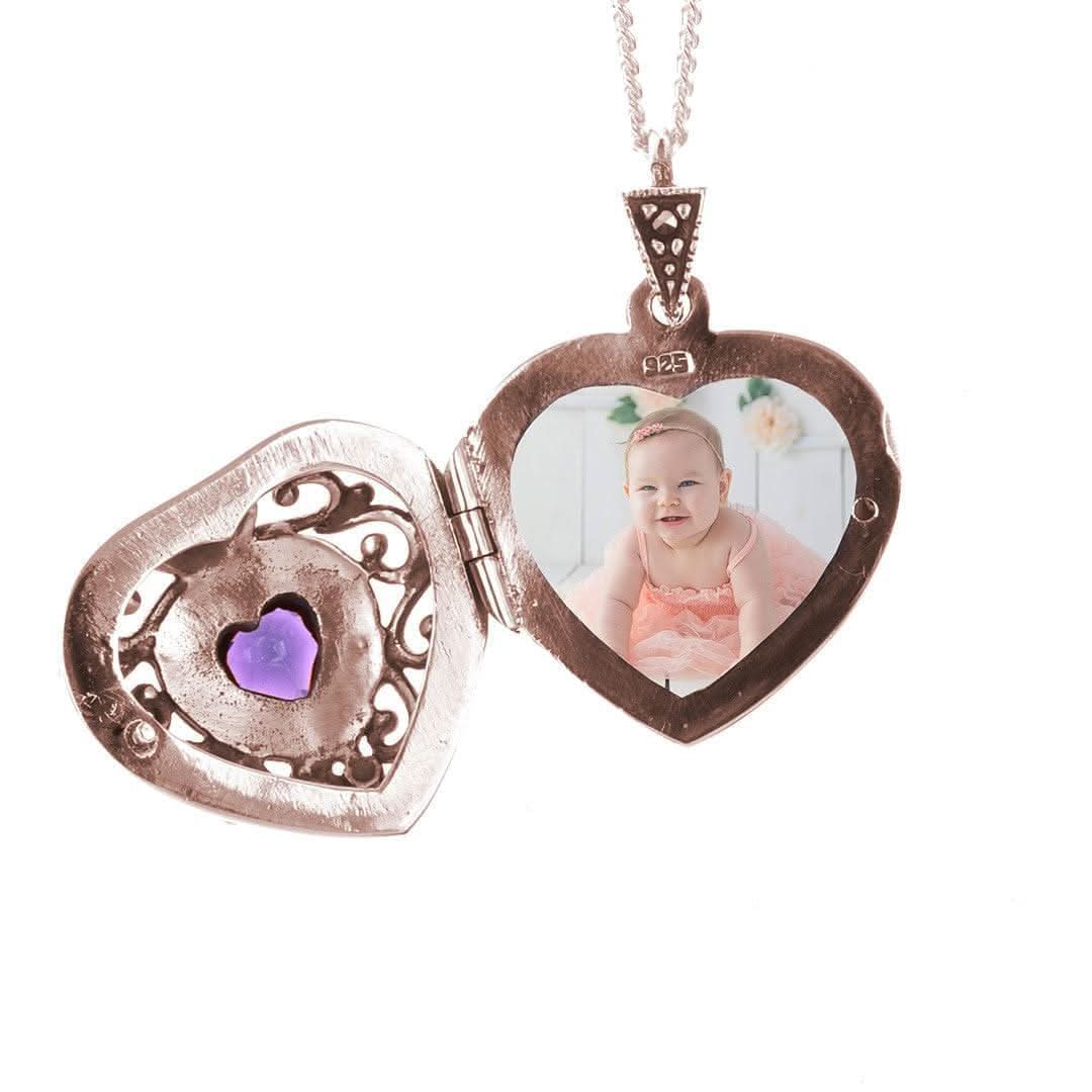 Lily Blanche rose gold vintage heart locket with purple amethyst gemstone