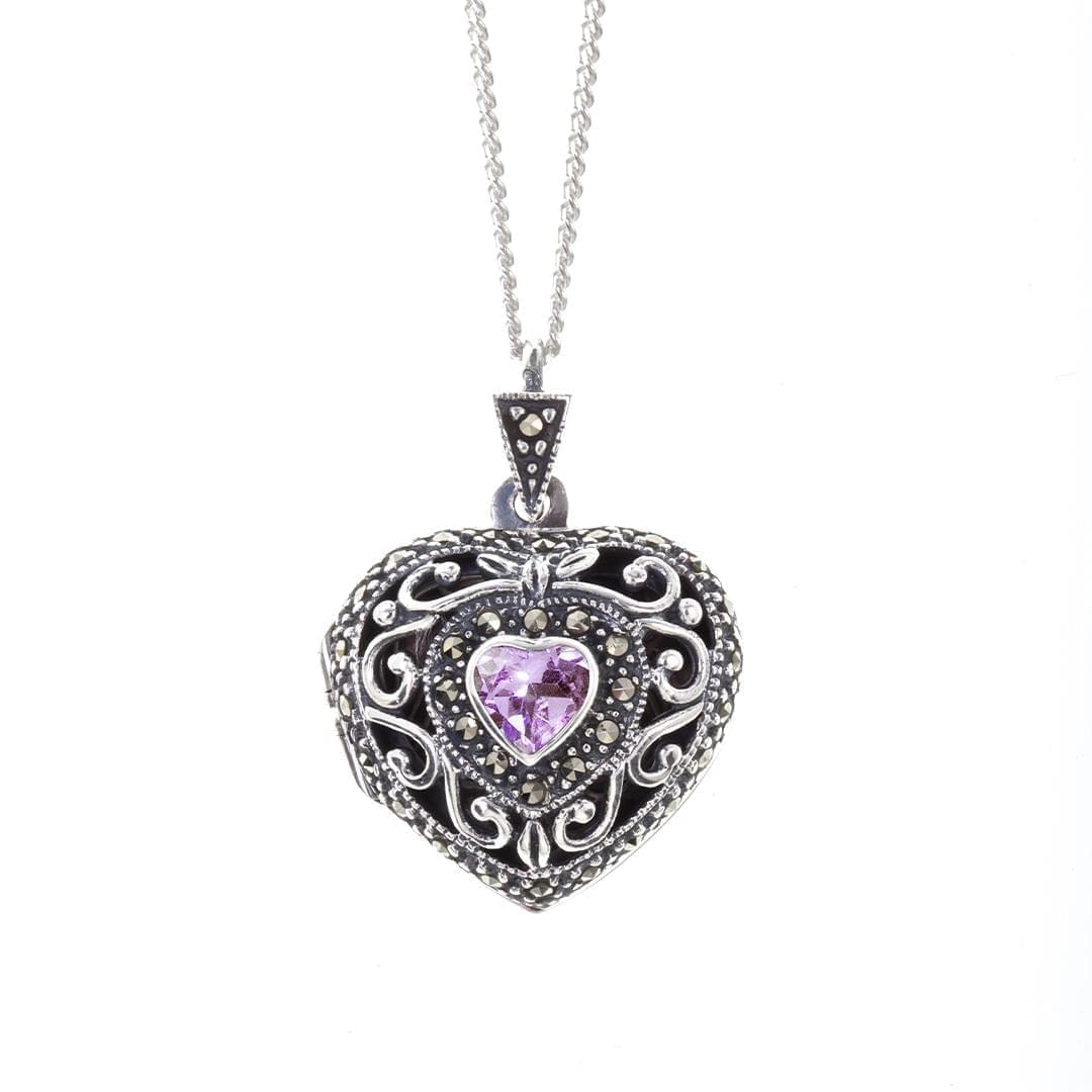 Lily Blanche silver vintage heart locket with purple amethyst gemstone