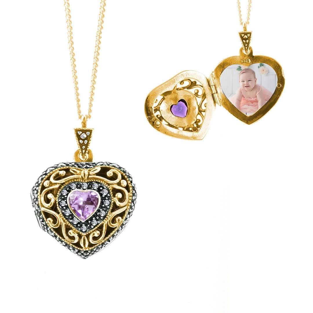 Amethyst Vintage Heart Locket Gold + Photos