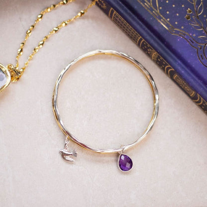 Silver Amethyst Charm Bangle - February Birthstone