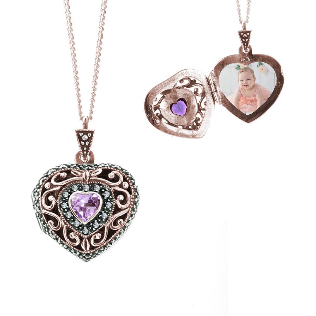 Lily Blanche rose gold vintage heart locket with purple amethyst gemstone
