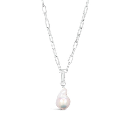 White Baroque Pearl Paperclip Necklace in Silver