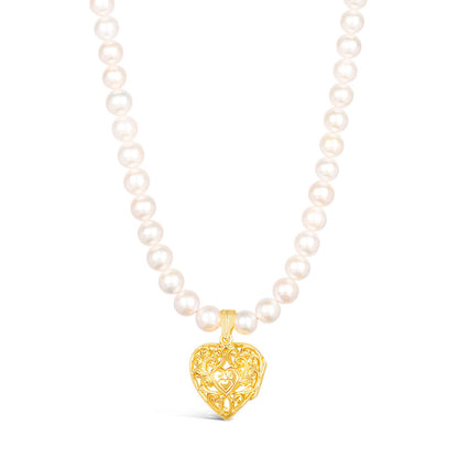 white pearl necklace with gold filigree heart locket 