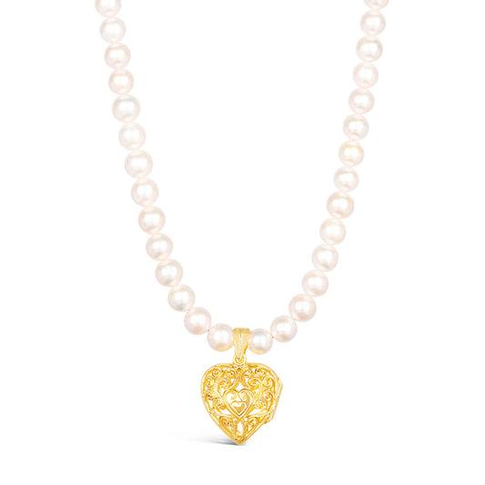 white pearl necklace with gold filigree heart locket 