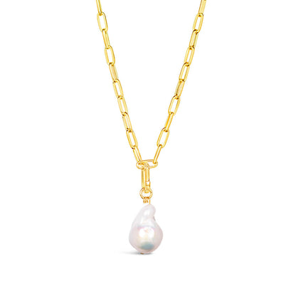 White baroque pearl on gold paperclip chain by Lily Blanche 